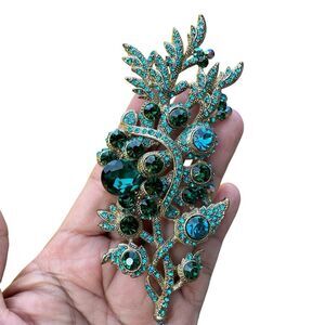 VTG‎ Statement Brooch Pin 4.75" Blue Green Crystals Floral Leaves Gold Plated